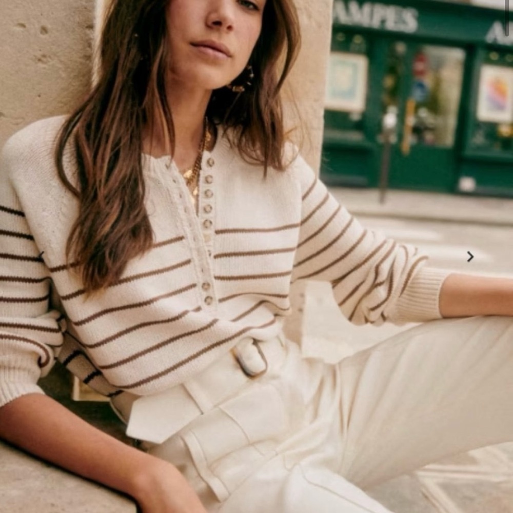 La Maille Sezane Leontine Striped Cotton Sweater Ecru Camel Small